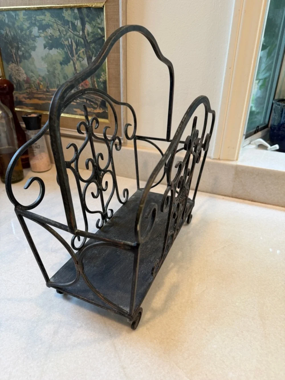 Vintage French Country Black Metal Magazine Rack with patina